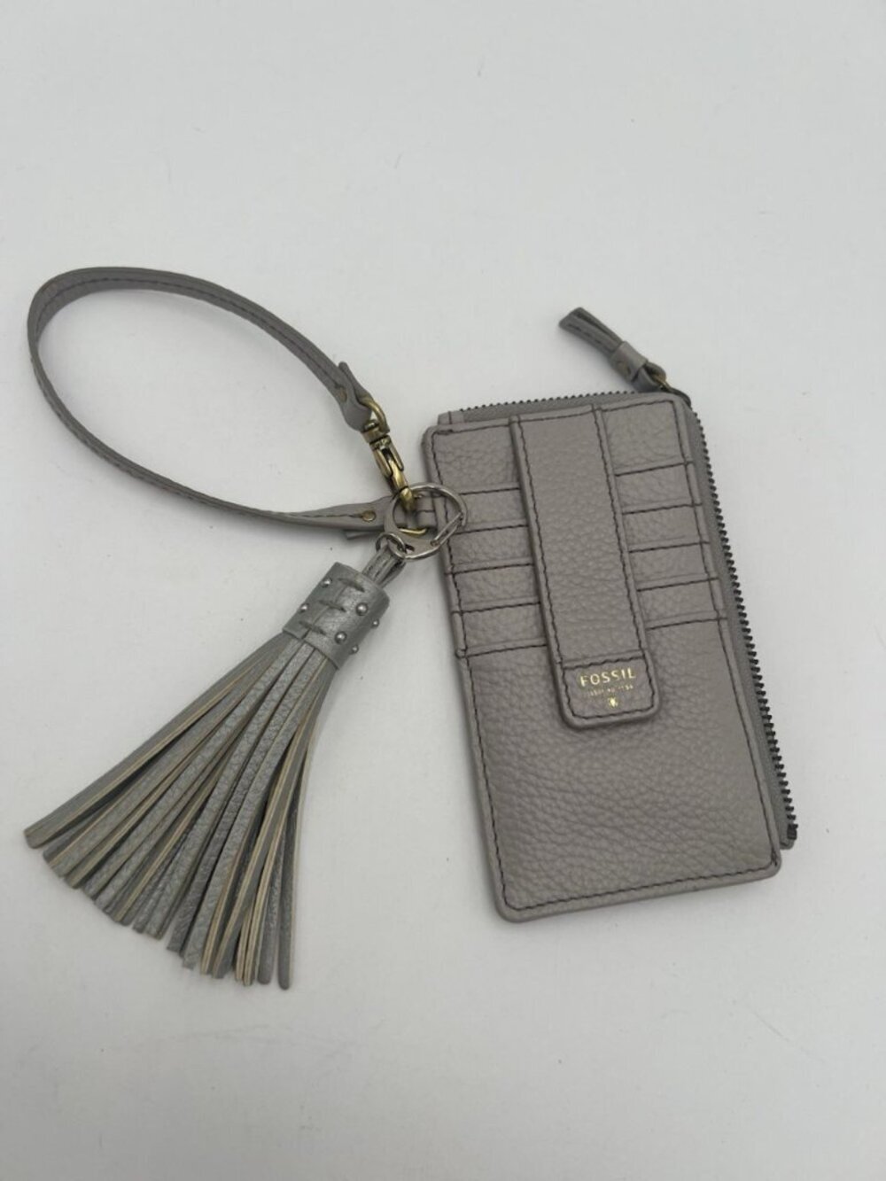 Fossil Leather Wristlet Card Wallet Tassel Zip Coin Pouch Gray Beige Greige